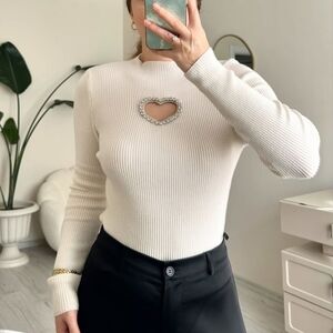 Elegant Cream Heart Cutout Ribbed Top